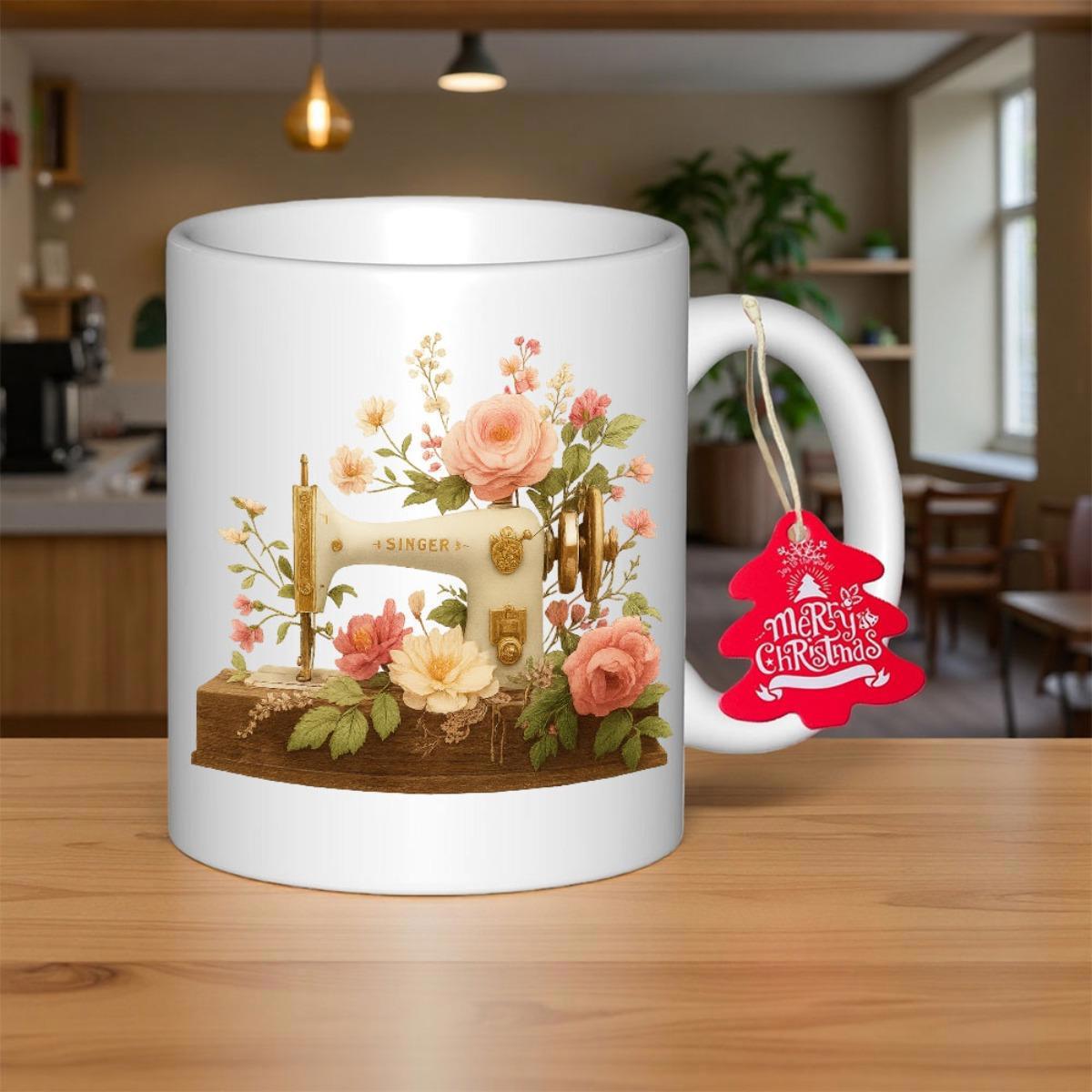 Tailorly White Ceramic 11 oz Mug - Merry Christmas Elegant Vintage Ivory Frame Surrounded By Pink Blooming Roses Sewing Machine