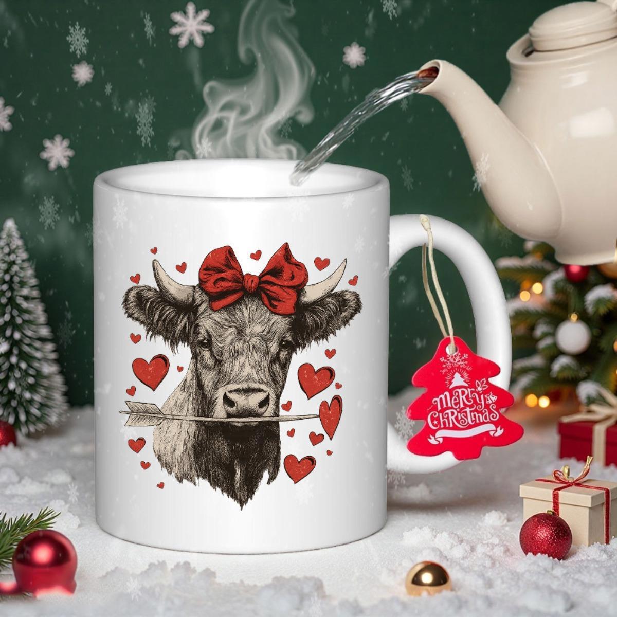 Tailorly White Ceramic 11 oz Mug - Merry Christmas Rustic Highland Head Wearing Red Bow Among Floating Small Hearts Cow