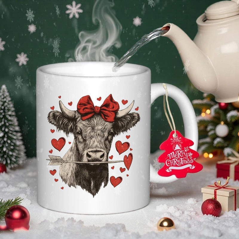 Tailorly White Ceramic 11 oz Mug - Merry Christmas Rustic Highland Head Wearing Red Bow Among Floating Small Hearts Cow