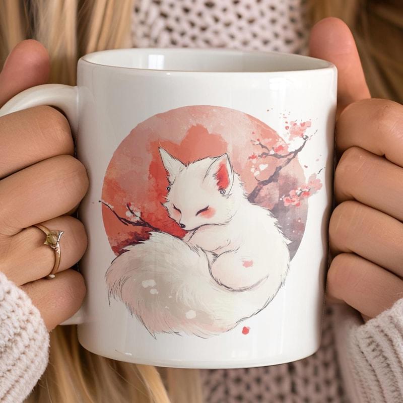 Tailorly White Ceramic 11 oz Mug - Adorable White Fox Resting Under Sakura Blossoms Against Red Moon Fox
