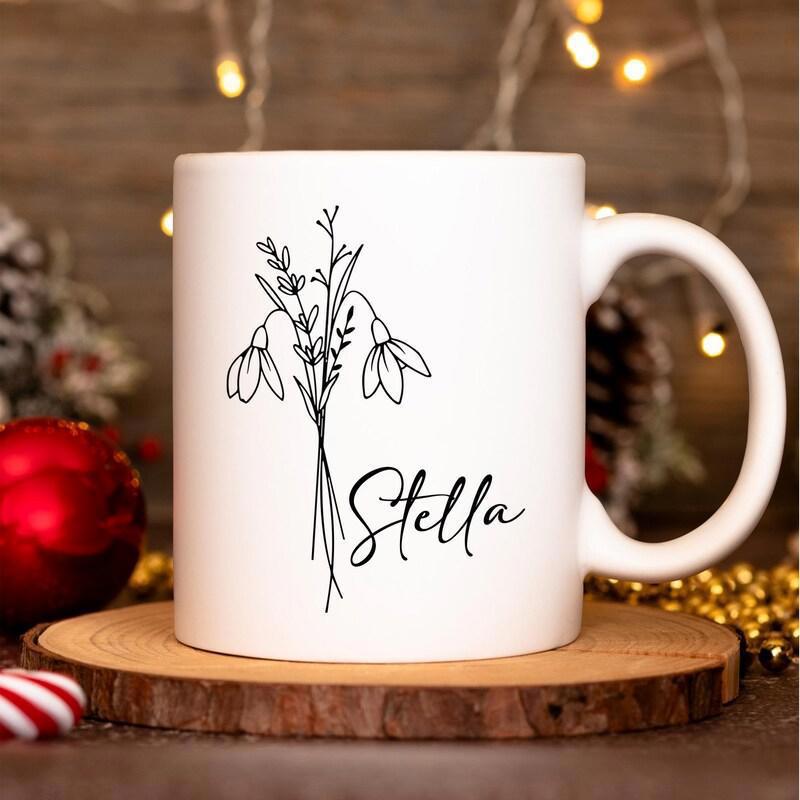 Tailorly White Ceramic 11 oz Mug - Stella Minimalist Hand Drawn Delicate Floral Bouquet With Elegant Flowing Line Art Flower
