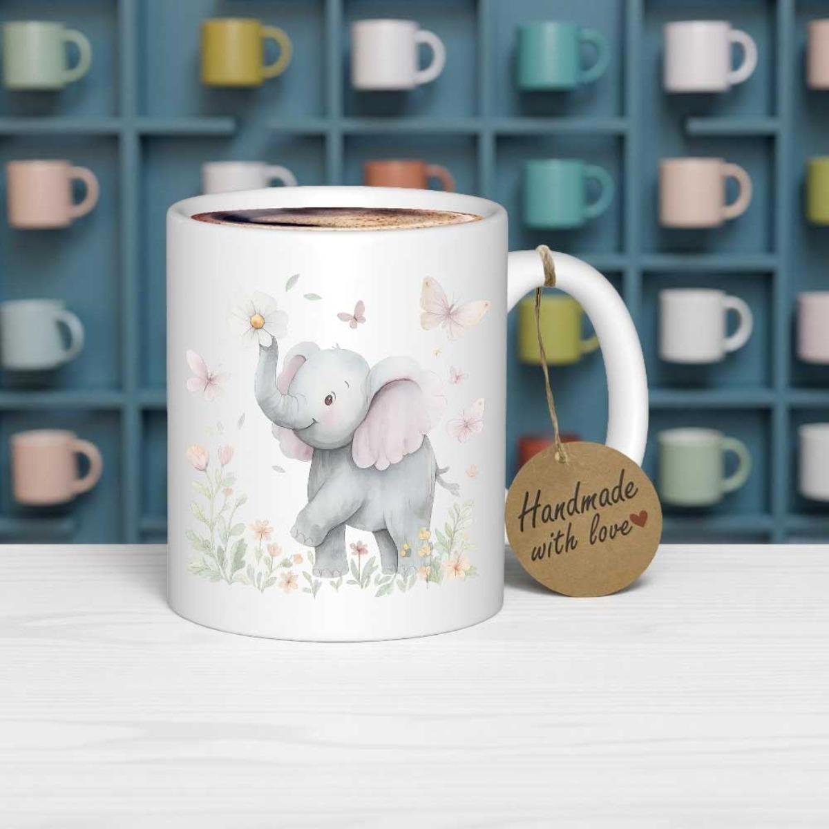 Tailorly White Ceramic 11 oz Mug - Handmade With Love Adorable Watercolor Baby Elephant Walking Among Delicate Butterflies Garden Flowers Elephant