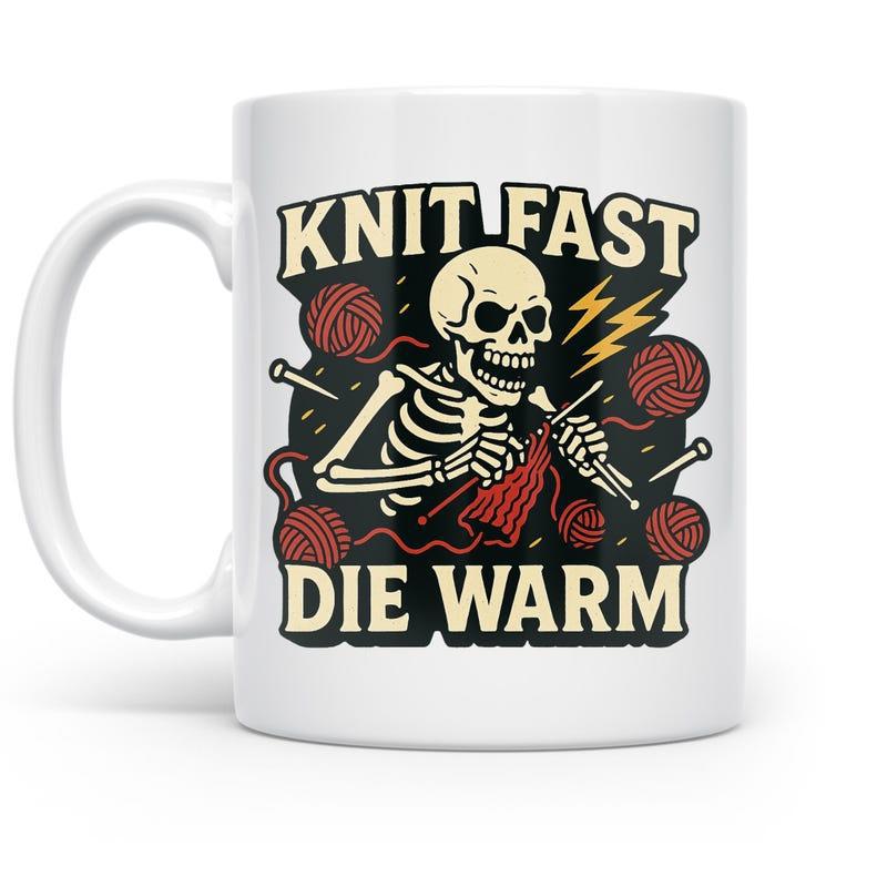Tailorly White Ceramic 11 oz Mug - Knit Fast Die Warm Cartoon Skeleton Knitting With Red Yarn Balls Under A Lightning Bolt Skeleton