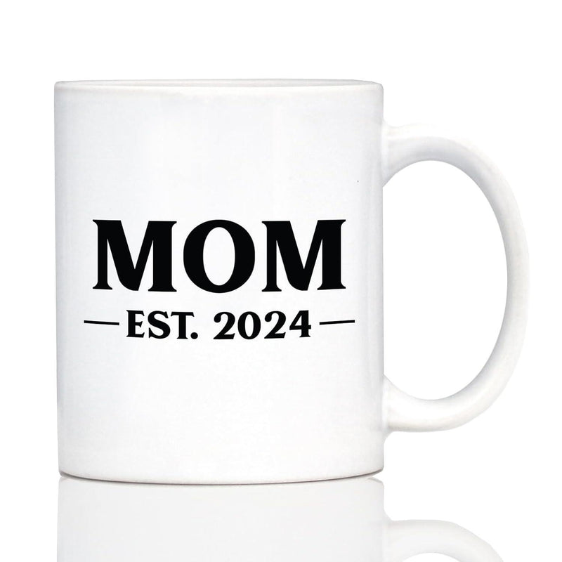 Tailorly White Ceramic 11 oz Mug - Mom Est 2024 Elegant Bold Serif Typography Centered Between Two Minimalist Horizontal Lines Typography