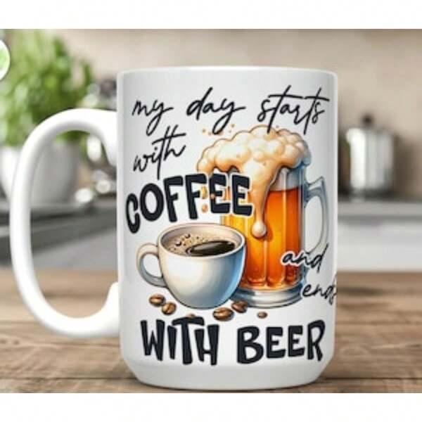 Tailorly White Ceramic 11 oz Mug - My Day Starts With Coffee And Ends With Beer Steaming Hot Cup Of Coffee Beside Frothy Cold Glass Of Golden Lager Mug