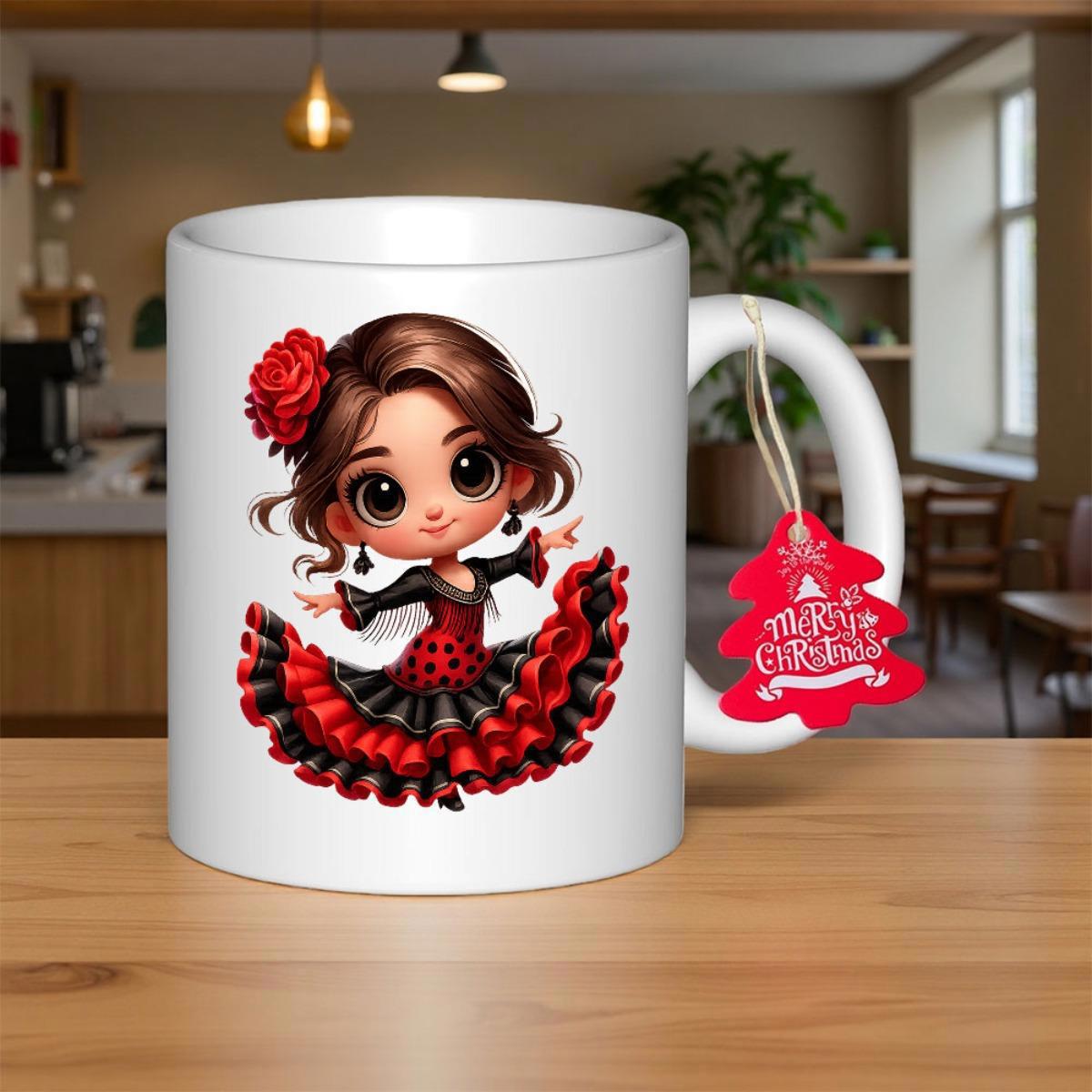 Tailorly White Ceramic 11 oz Mug - Chibi Style Girl In Elegant Red Frilled Dress Dancing Traditional Flamenco Dancer