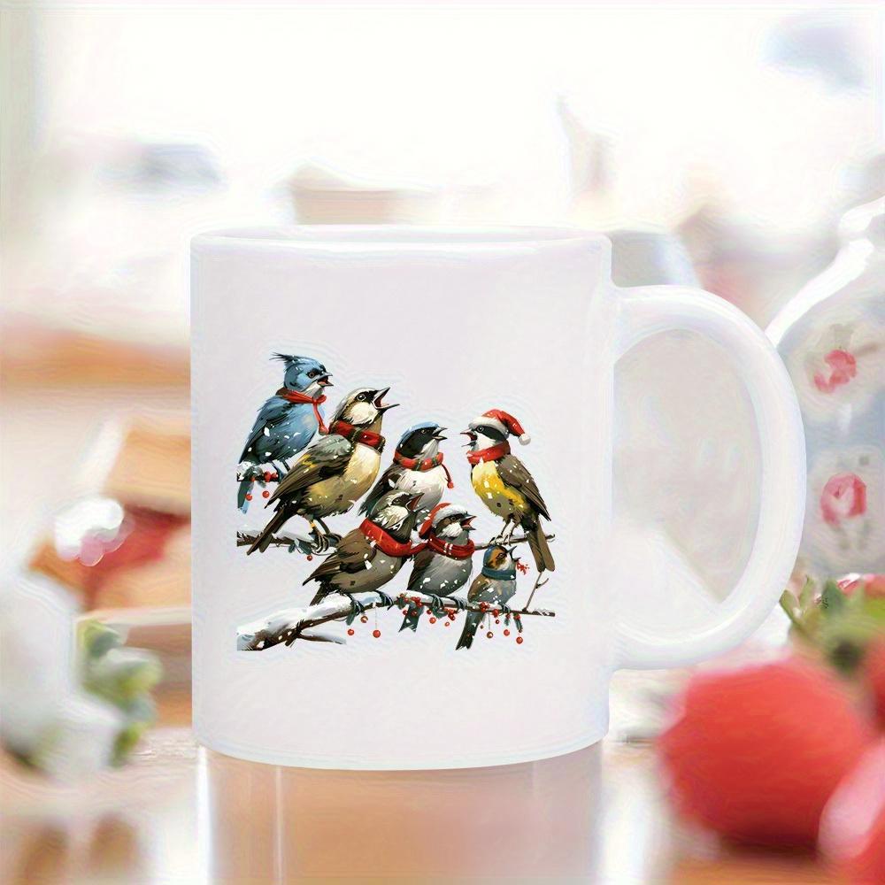 Tailorly White Ceramic 11 oz Mug - Colorful Winter Birds Wearing Cozy Scarves Perched On Snow Covered Branches Bird