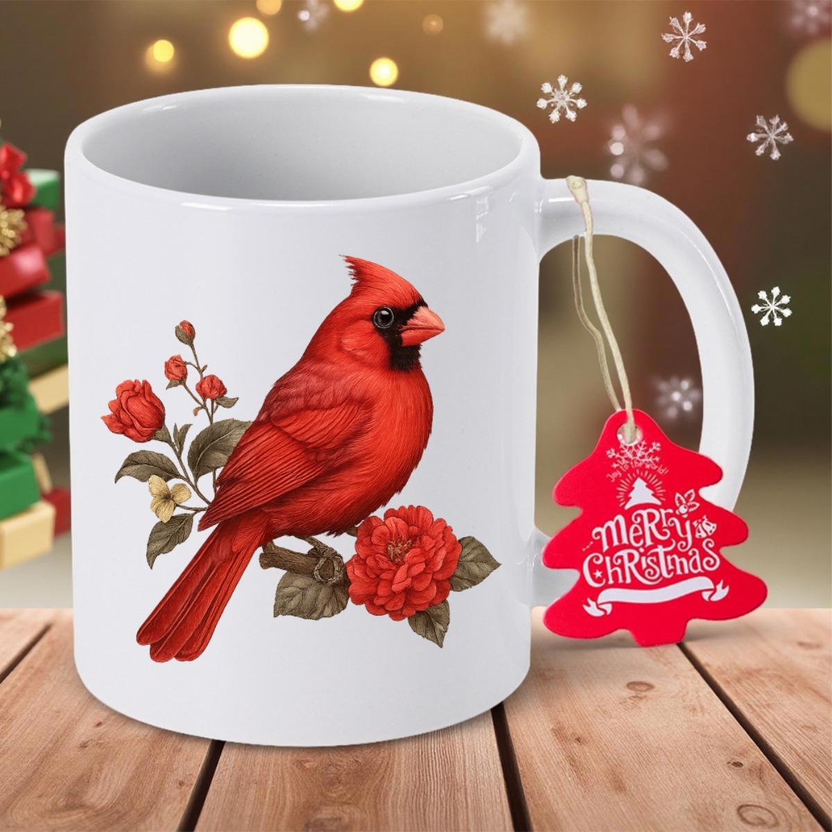 Tailorly White Ceramic 11 oz Mug - Merry Christmas Elegant Red Bird Perching On Blooming Rose Branch With Leaves Cardinal