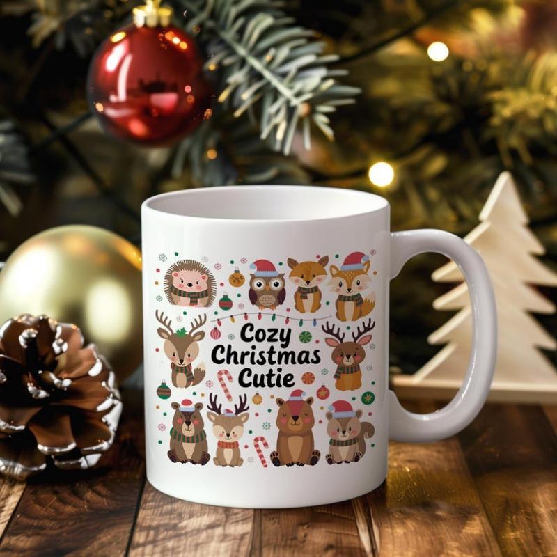 Tailorly White Ceramic 11 oz Mug - Cozy Christmas Cutie Adorable Cartoon Forest Creatures Wearing Tiny Red Festive Santa Hats Animals