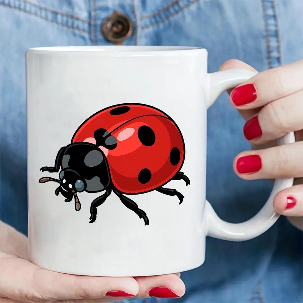 Tailorly White Ceramic 11 oz Mug - Cute Cartoon Insect With Vibrant Red Shell And Black Spots Ladybug