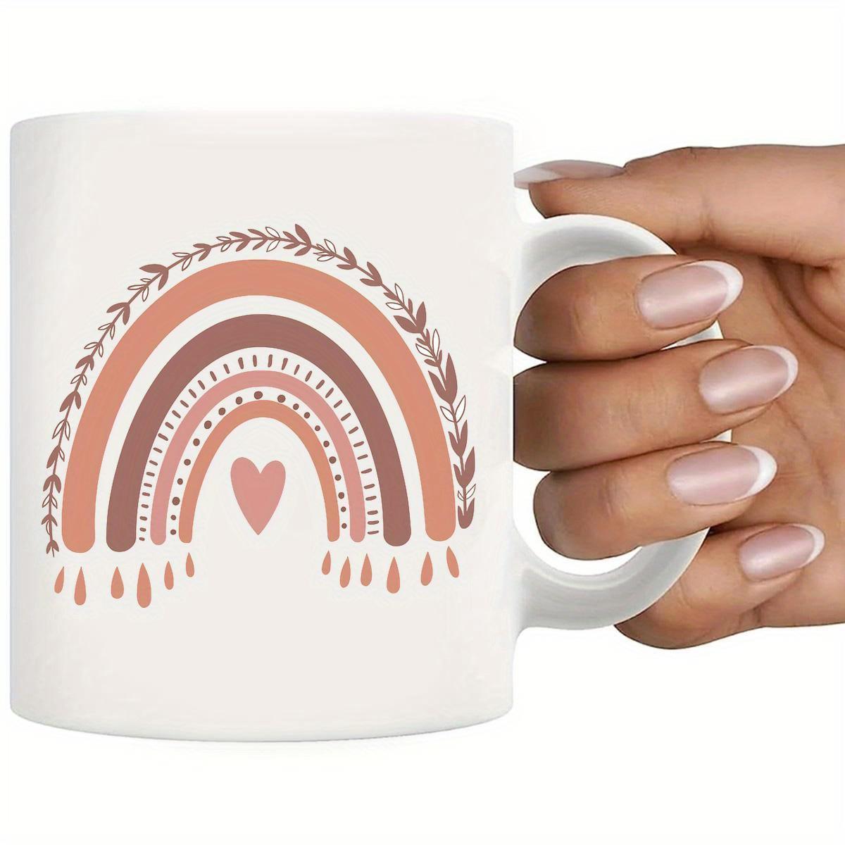 Tailorly White Ceramic 11 oz Mug - Earthy Tones Bohemian Design Featuring Delicate Vines And Centered Heart Rainbow