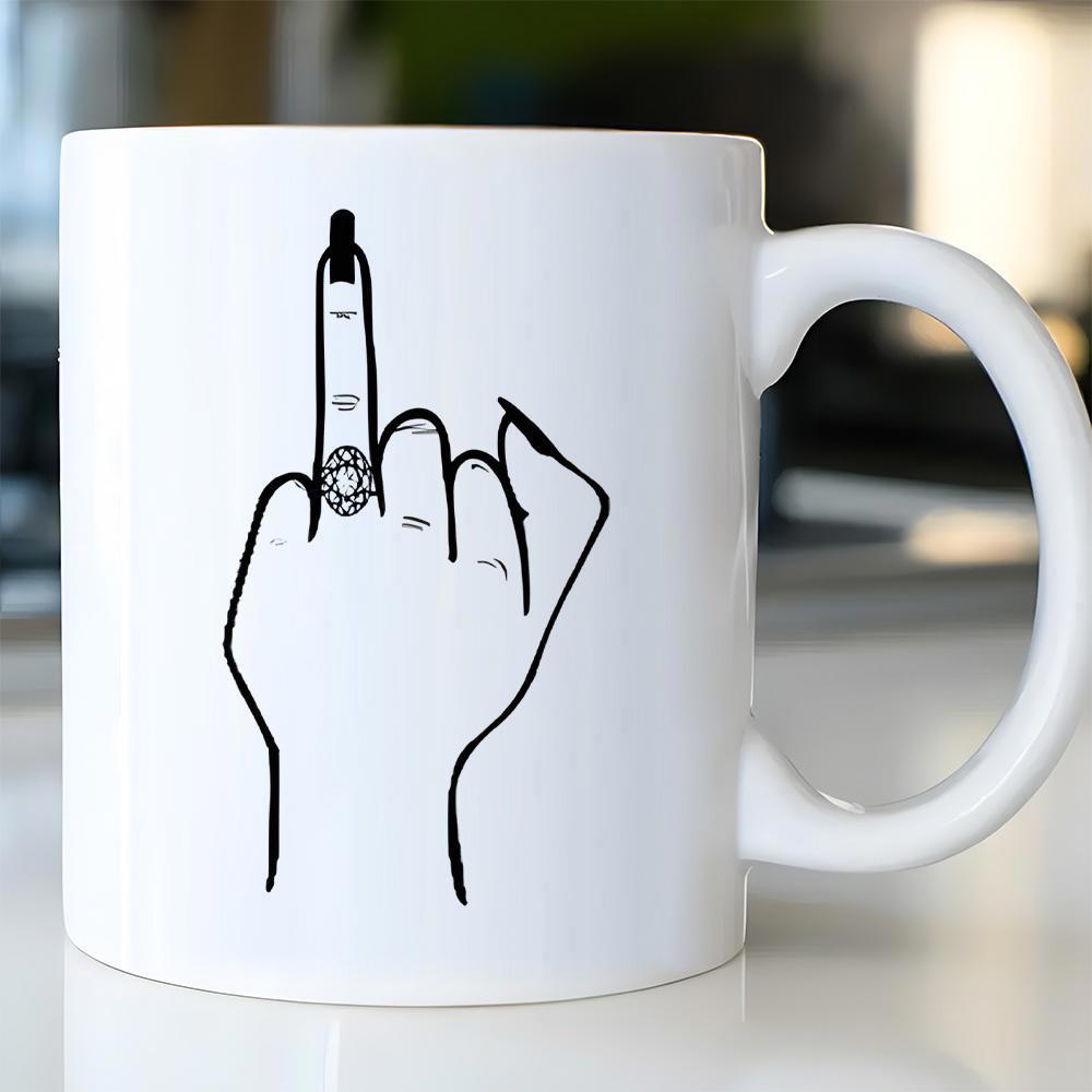 Tailorly White Ceramic 11 oz Mug - Minimalist Hand Outline Featuring A Raised Middle Finger Wearing A Ring Hand