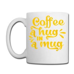 Tailorly White Ceramic 11 oz Mug - Coffee A Hug In A Mug Bright Yellow Artistic Calligraphy Script On Smooth Ceramic Surface Mug