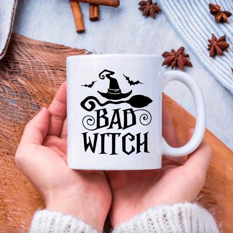 Tailorly White Ceramic 11 oz Mug - Bad Witch Spooky Black Silhouettes Featuring Pointed Hat Bats And Broomstick Witch