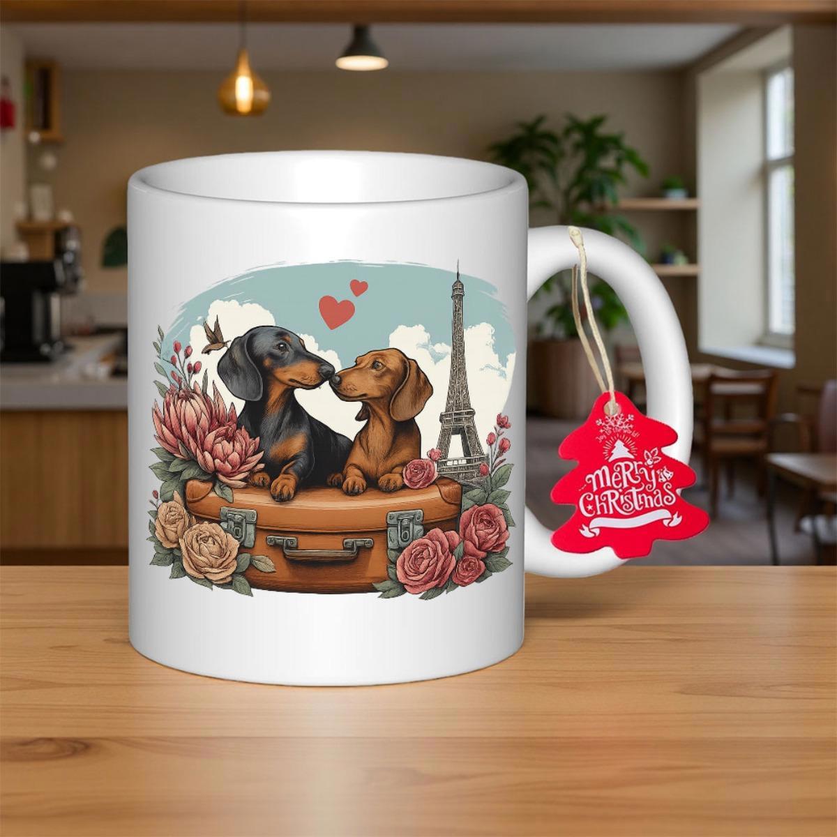 Tailorly White Ceramic 11 oz Mug - Charming Pair Of Lovely Dogs Sitting On Vintage Suitcase Beside Eiffel Tower Dachshund