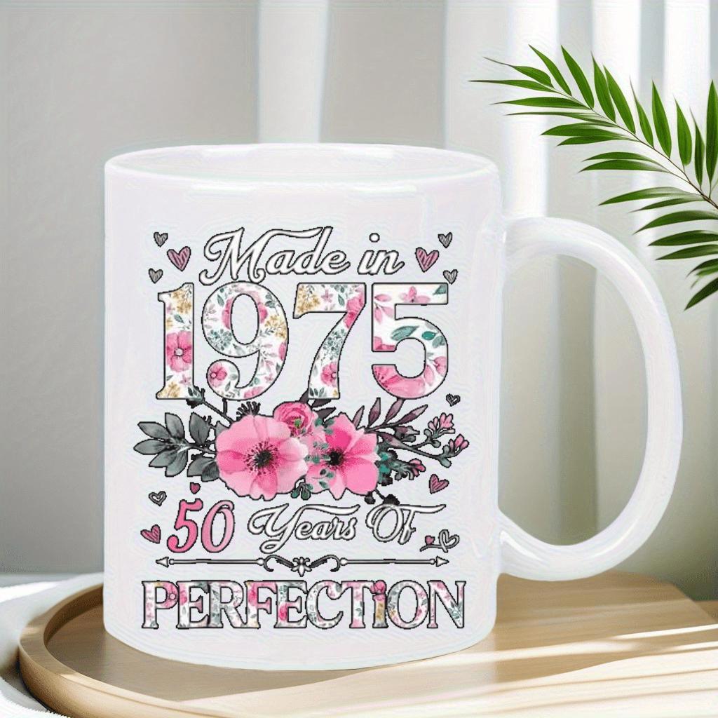 Tailorly White Ceramic 11 oz Mug - Made In 1975 50 Years Of Perfection Elegant Pink Blooming Flowers With Delicate Leaves And Decorative Little Hearts Bouquet