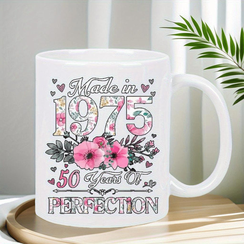 Tailorly White Ceramic 11 oz Mug - Made In 1975 50 Years Of Perfection Elegant Pink Blooming Flowers With Delicate Leaves And Decorative Little Hearts Bouquet