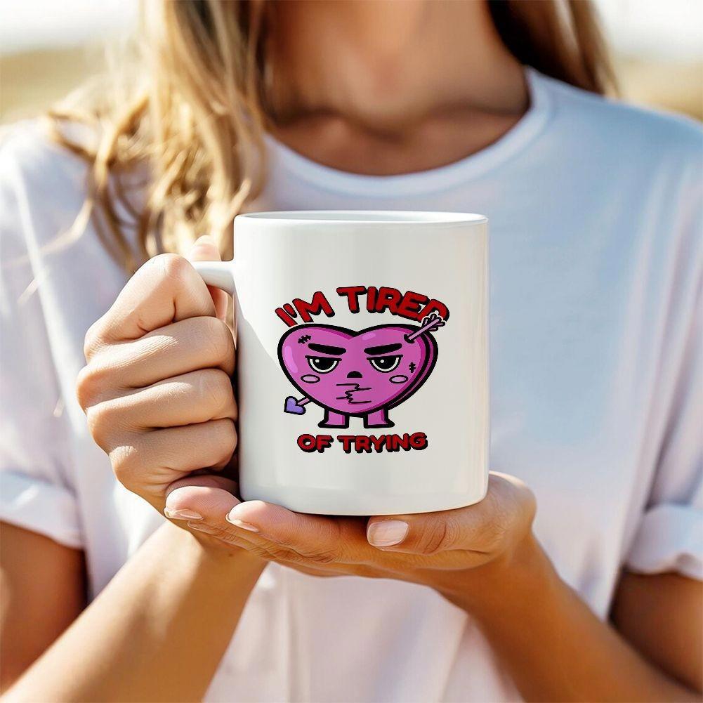 Tailorly White Ceramic 11 oz Mug - Im Tired Of Trying Grumpy Purple Cartoon Character Pierced By A Sharp Arrow Heart