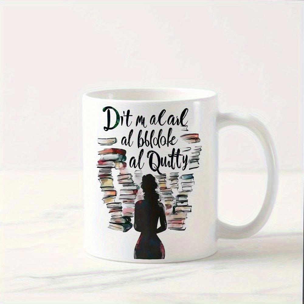 Tailorly White Ceramic 11 oz Mug - Elegant Silhouette Standing Before Large Arches Of Stacked Books Woman
