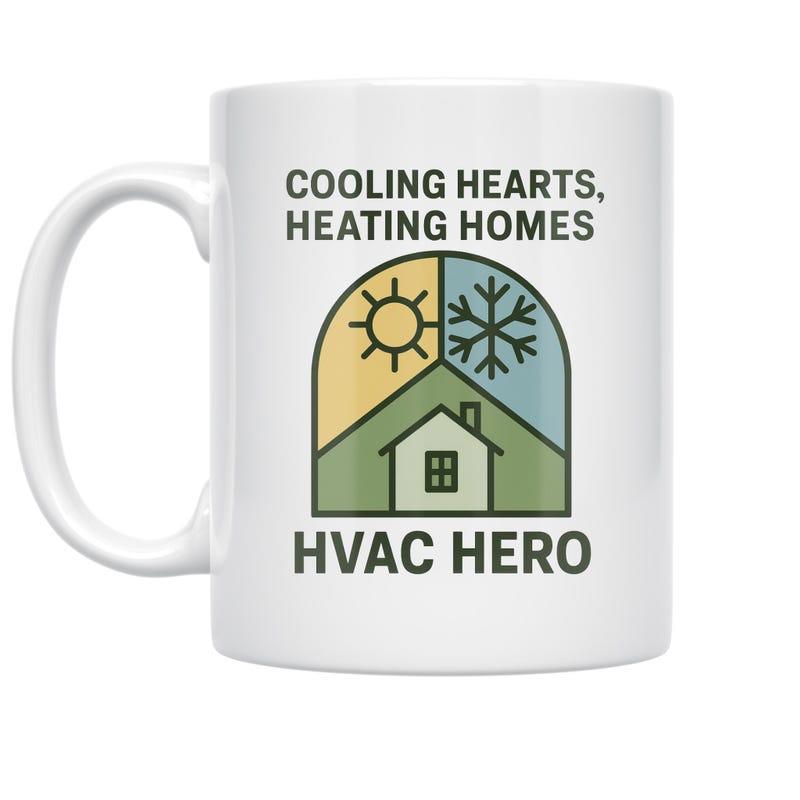 Tailorly White Ceramic 11 oz Mug - Cooling Hearts Heating Homes HVAC Hero Minimalist Archway Featuring Sun And Snowflake Icons Above A Cozy Country House