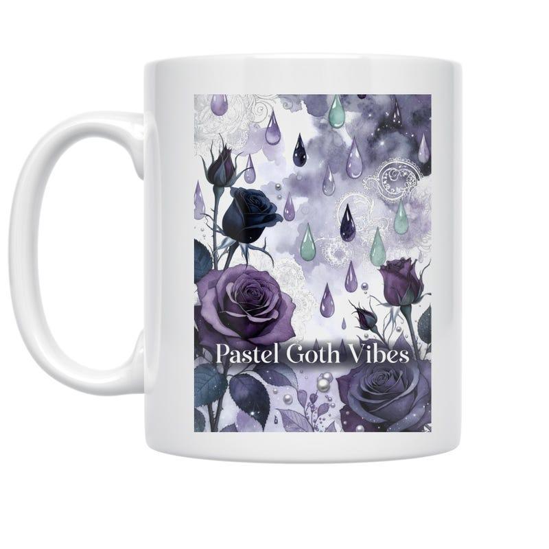Tailorly White Ceramic 11 oz Mug - Pastel Goth Vibes Dark Purple Blooming Flowers With Falling Droplets Among Mystical Atmospheric Haze Roses