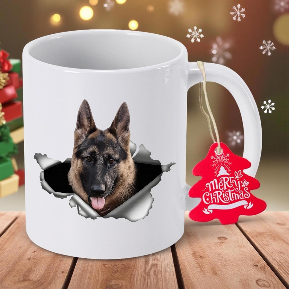 Tailorly White Ceramic 11 oz Mug - Merry Christmas Realistic Dog Head Peeking Through Creative Torn Paper Hole German Shepherd