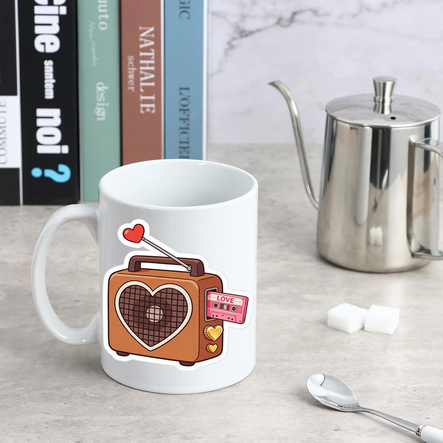 Tailorly White Ceramic 11 oz Mug - Retro Brown Musical Device With Heart Shaped Speaker And Antenna Radio
