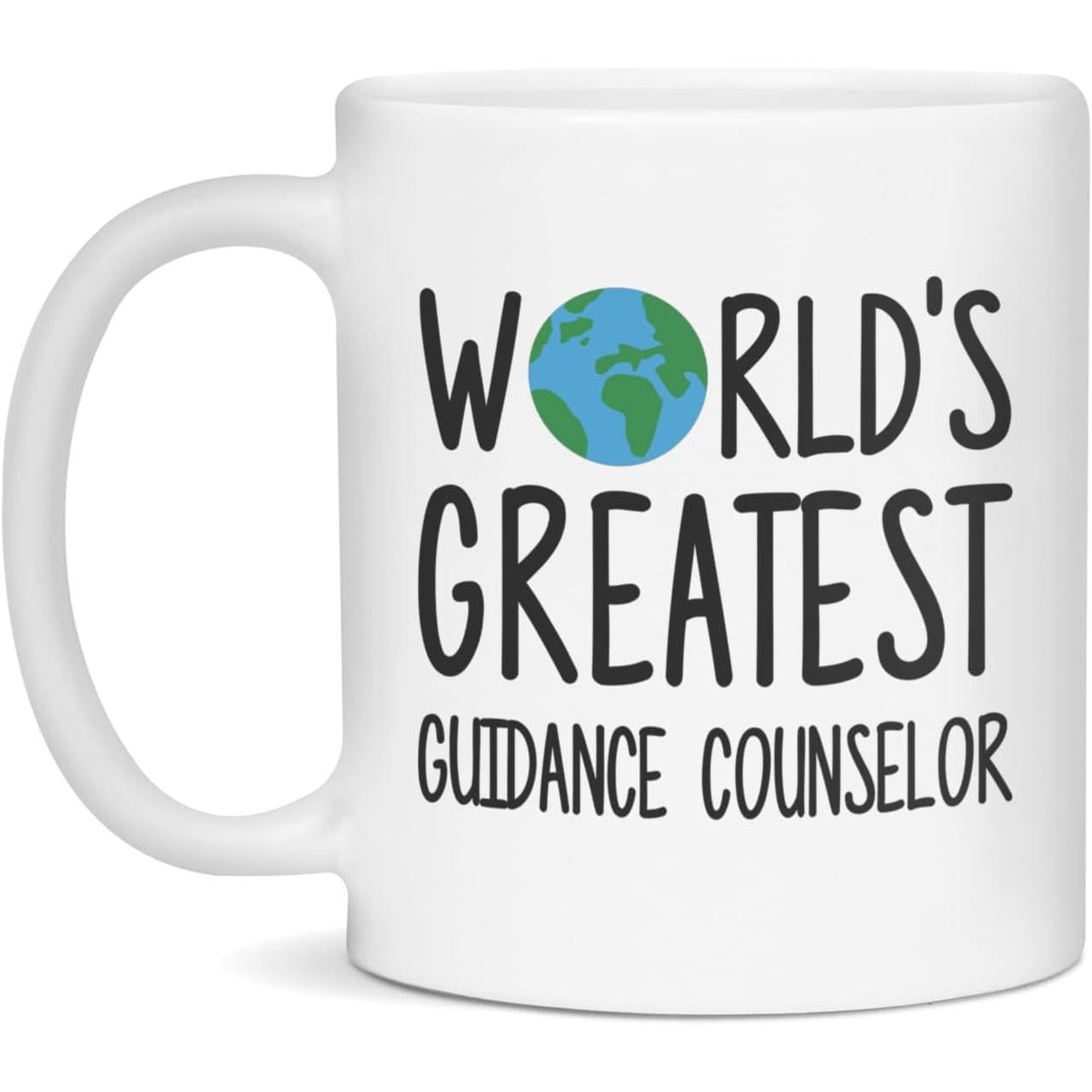 Tailorly White Ceramic 11 oz Mug - Worlds Greatest Guidance Counselor Minimalist Blue And Green Planet Earth Integrated Into Modern Playful Typography Globe