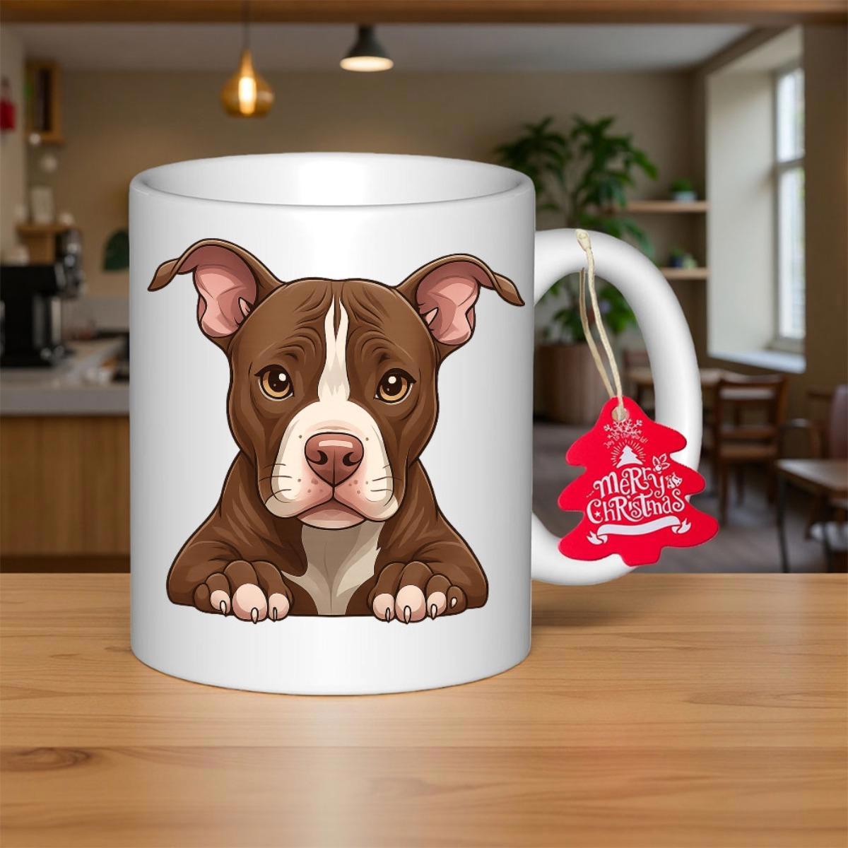 Tailorly White Ceramic 11 oz Mug - Merry Christmas Adorable Brown And White Pitbull Puppy Peeking Over Edge With Tiny Paws Dog