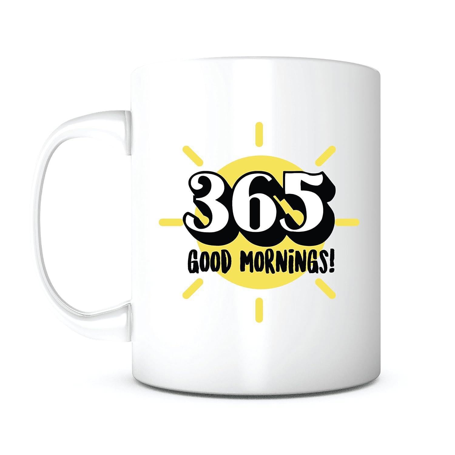 Tailorly White Ceramic 11 oz Mug - 365 Good Mornings Radiant Yellow Rays Shining Behind Bold Stylized Shadowed Numeric Digits Sun