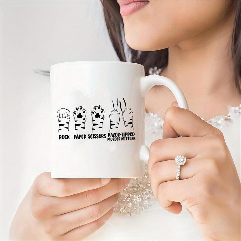 Tailorly White Ceramic 11 oz Mug - Rock Paper Scissors Razor Sharp Murder Mittens Minimalist Black Ink Illustration Of Striped Feline Hands Playing Games Cat Paw