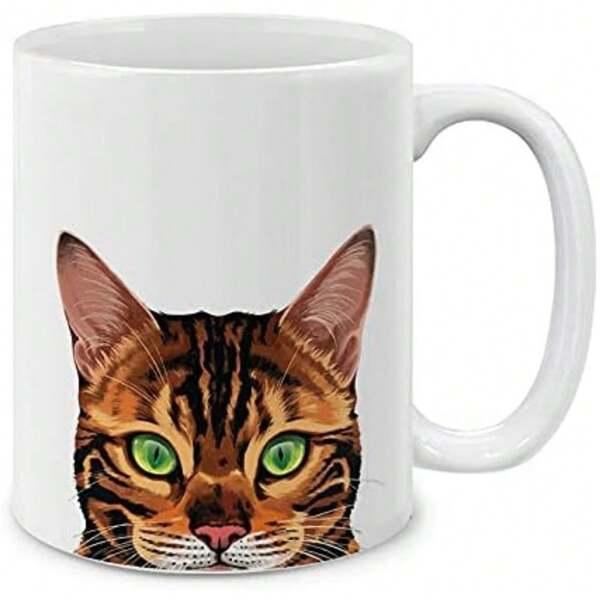 Tailorly White Ceramic 11 oz Mug - Artistic Bengal Portrait Featuring Striking Green Eyes And Bold Stripes Cat