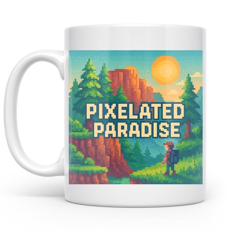 Tailorly White Ceramic 11 oz Mug - Pixelated Paradise Retro Pixel Art Wilderness With Golden Sun Among Pine Trees Landscape
