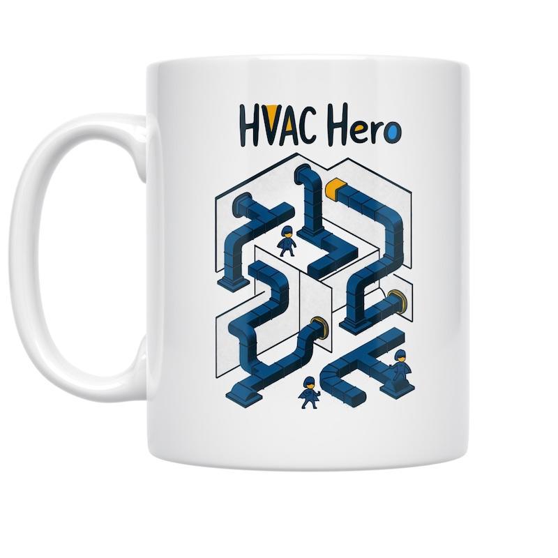 Tailorly White Ceramic 11 oz Mug - Hvac Hero Isometric Blue Industrial Pipes Maze With Small Workers Among Pipes