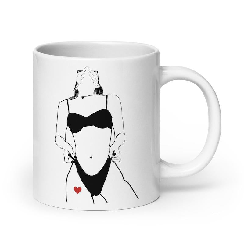 Tailorly White Ceramic 11 oz Mug - Elegant Minimalist Black Ink Drawing Of Seductive Figure Wearing Bikini Woman
