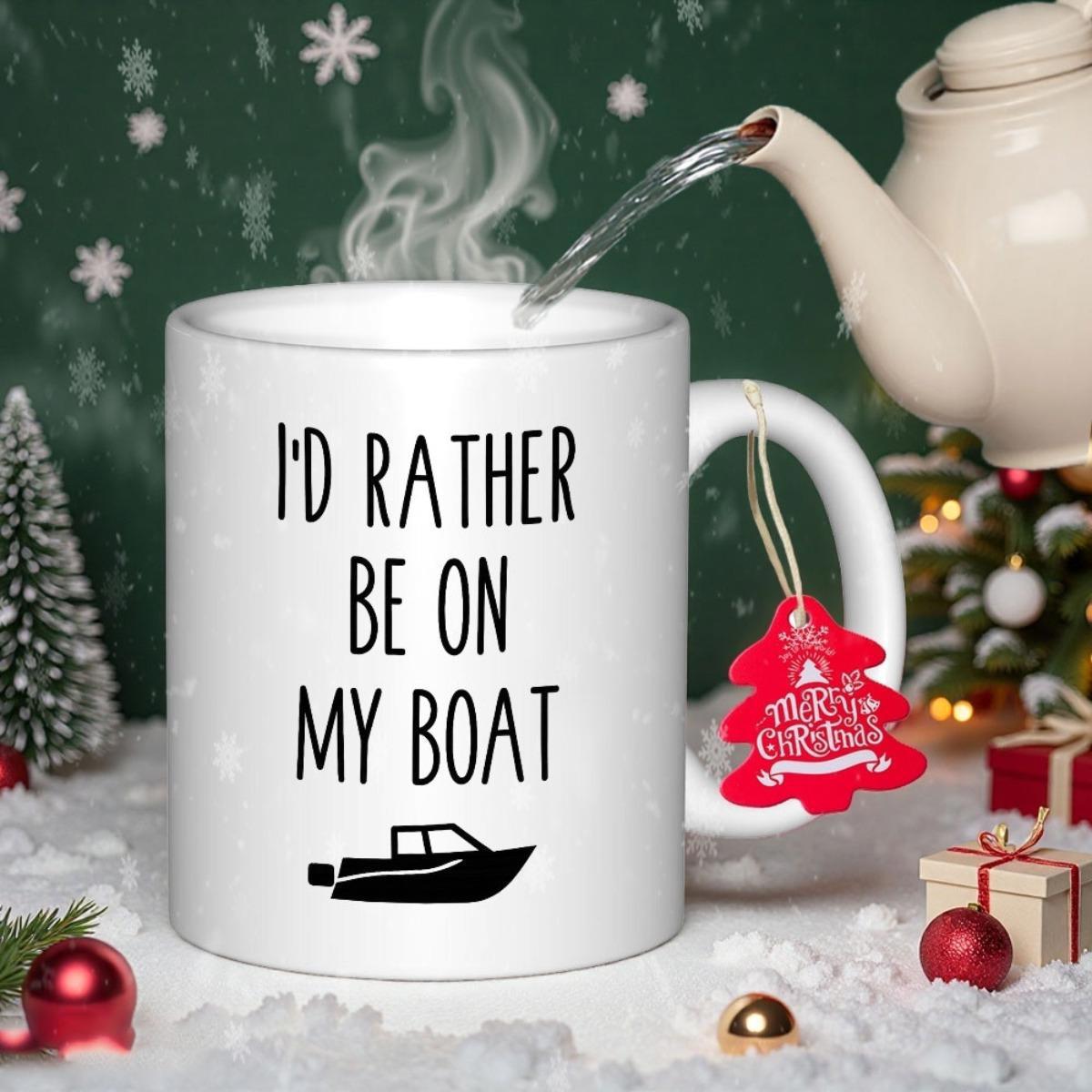 Tailorly White Ceramic 11 oz Mug - Id Rather Be On My Boat Minimalist Black Silhouette Of A Sleek Fast Moving Motorboat Boat