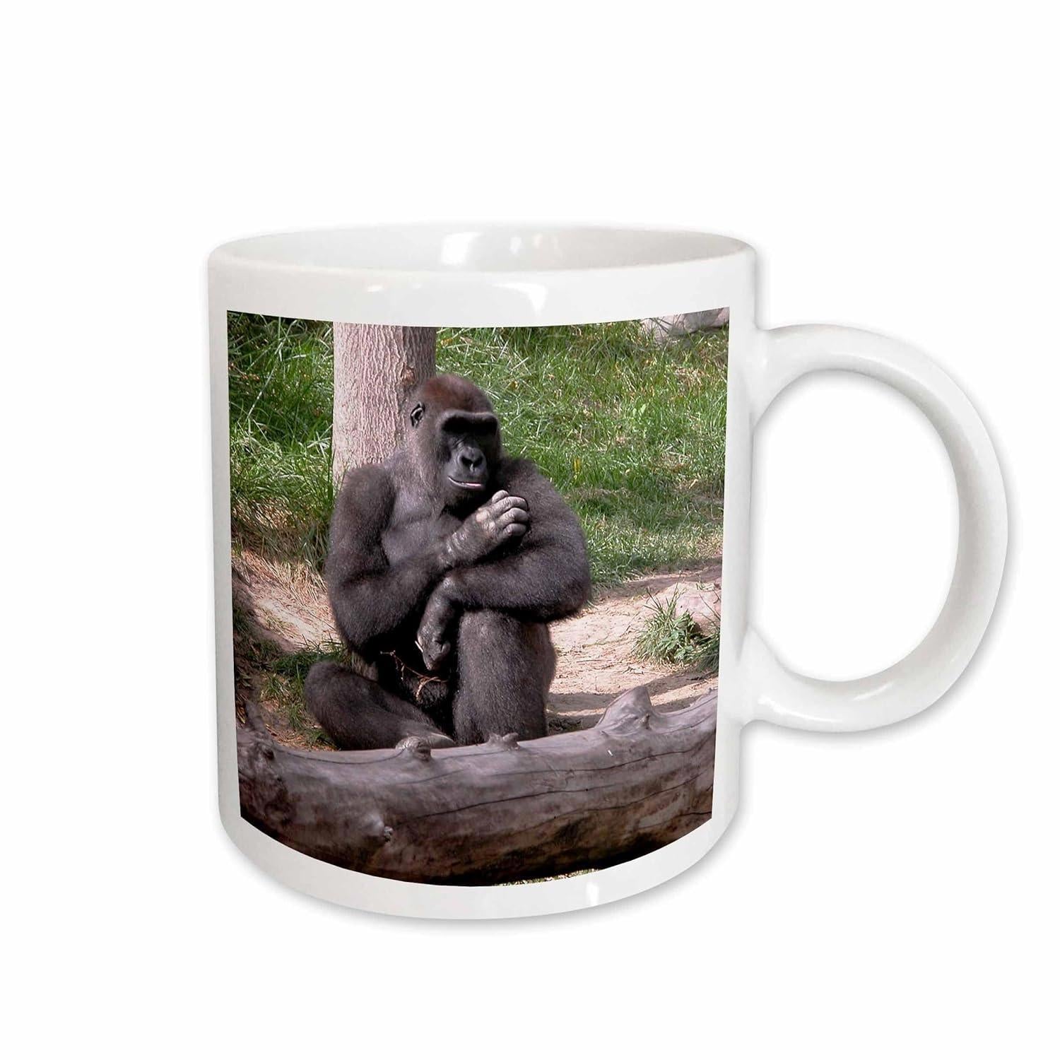 Tailorly White Ceramic 11 oz Mug - Strong Wild Ape Sitting Quietly Near Fallen Log In Forest Gorilla