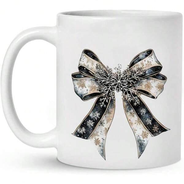 Tailorly White Ceramic 11 oz Mug - Elegant Winter Ribbon With Snowflake Patterns And Shimmering Gold Accents Bow