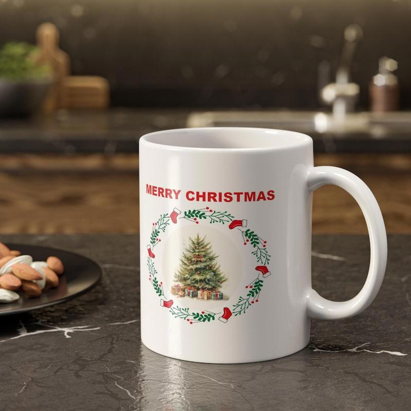 Tailorly White Ceramic 11 oz Mug - Merry Christmas Festive Evergreen Tree With Gift Boxes Under A Holly Wreath Christmas Tree