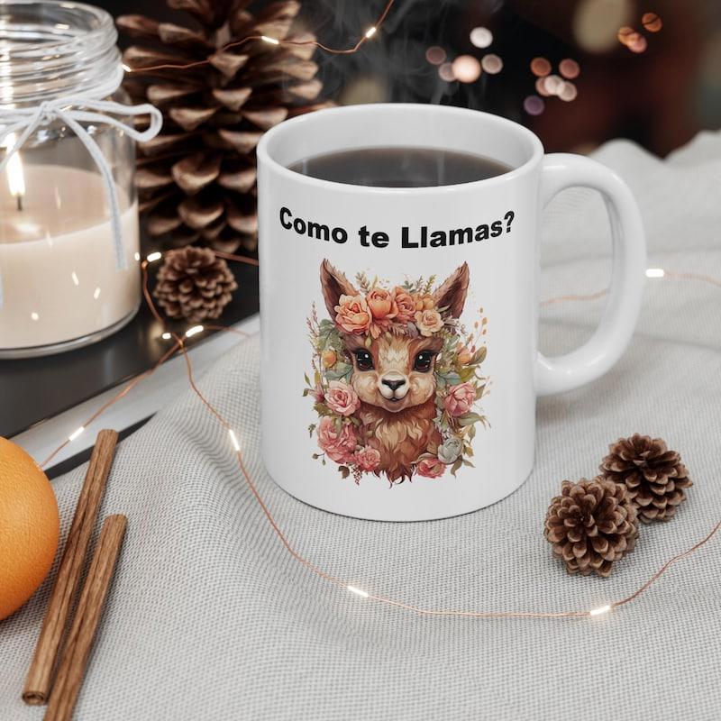 Tailorly White Ceramic 11 oz Mug - Gentle Furry Alpaca Wearing Artistic Flower Crown With Soft Pastel Details Llama