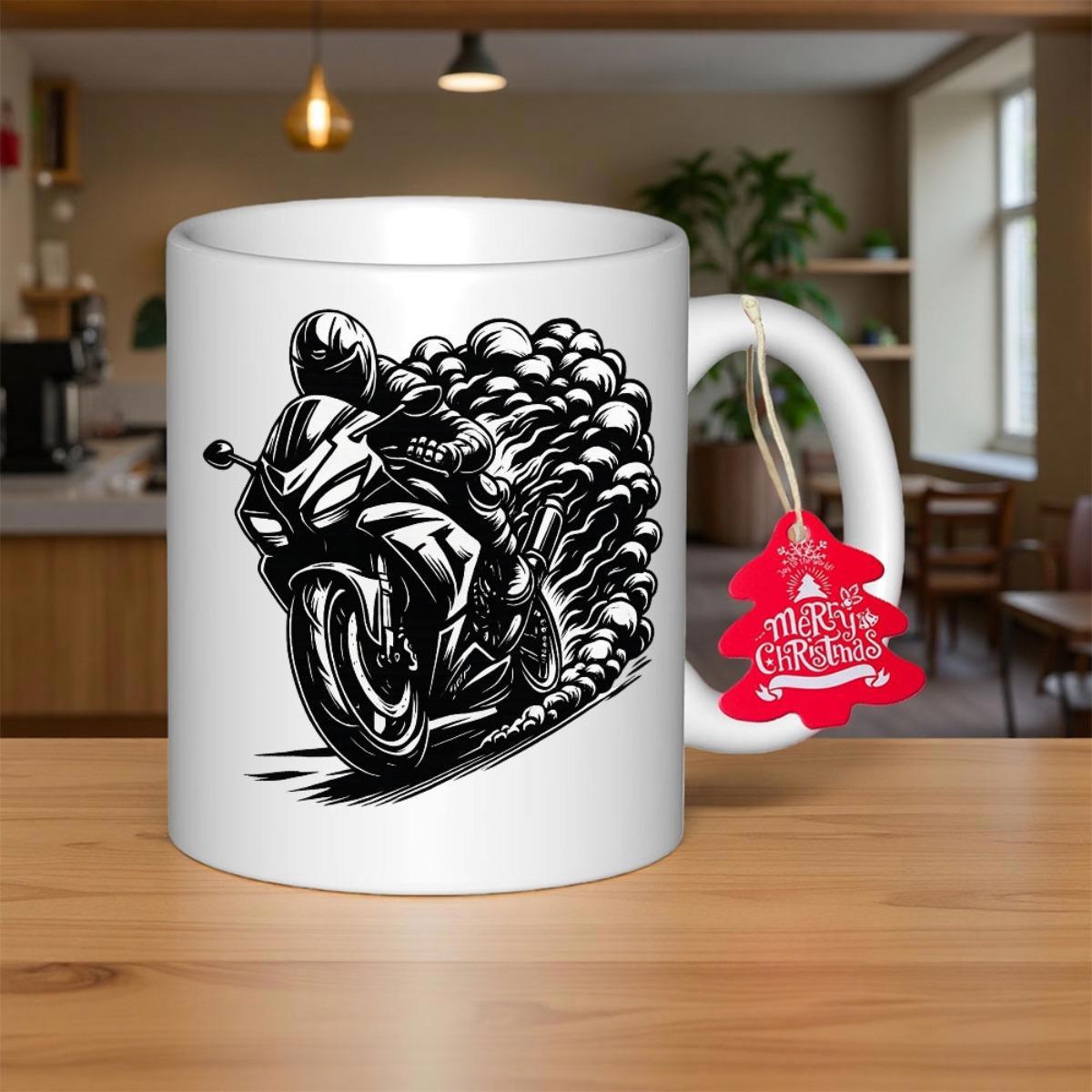 Tailorly White Ceramic 11 oz Mug - Merry Christmas Fast Racing Bike With Billowing Smoke And Professional Rider Motorcycle