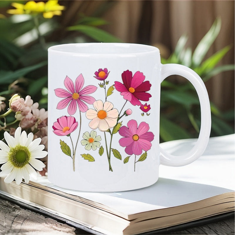 Tailorly White Ceramic 11 oz Mug - Vibrant Pink And Magenta Cosmos Flowers Blooming With Delicate Green Stems Flowers