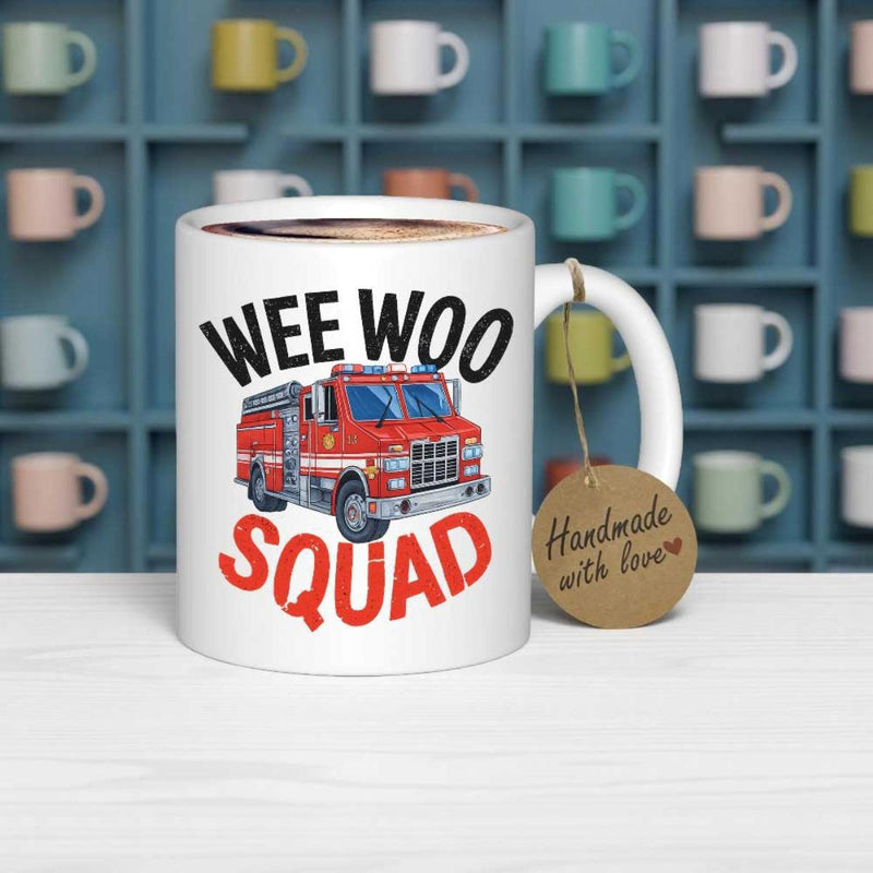 Tailorly White Ceramic 11 oz Mug - Wee Woo Squad Detailed Red Emergency Rescue Vehicle With Bright Colors Firetruck