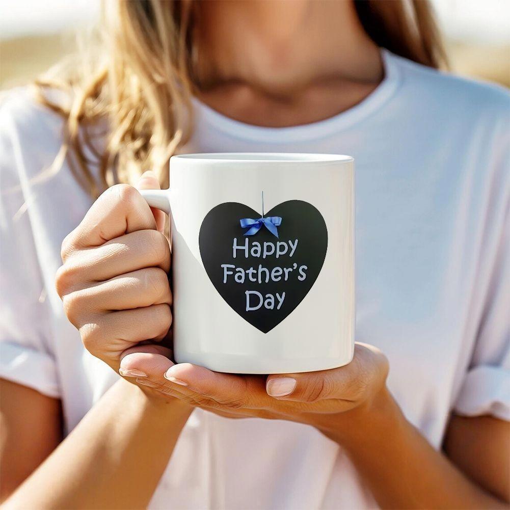 Tailorly White Ceramic 11 oz Mug - Happy Father's Day Minimalist Black Heart With Delicate Small Blue Ribbon Accent Decorative Heart