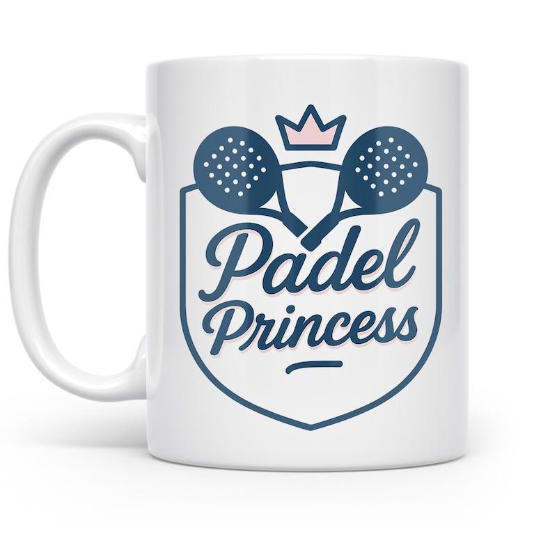 Tailorly White Ceramic 11 oz Mug - Padel Princess Crossing Rackets With A Small Crown Inside A Minimalist Crest Frame Padel
