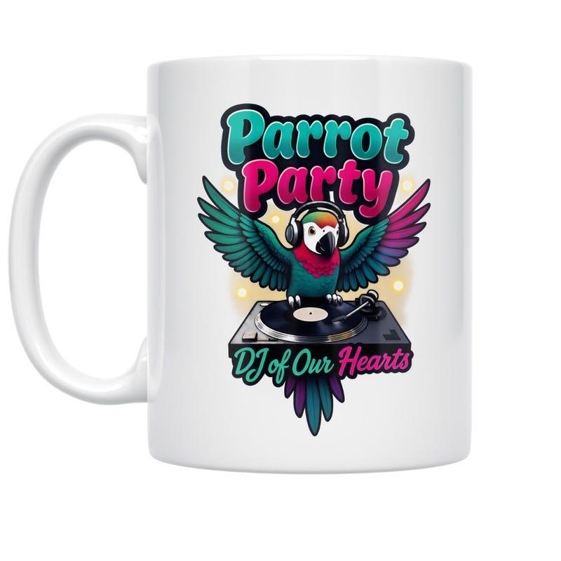 Tailorly White Ceramic 11 oz Mug - Parrot Party DJ Of Our Hearts Colorful Vibrant Bird Operating A Professional Turntable Parrot