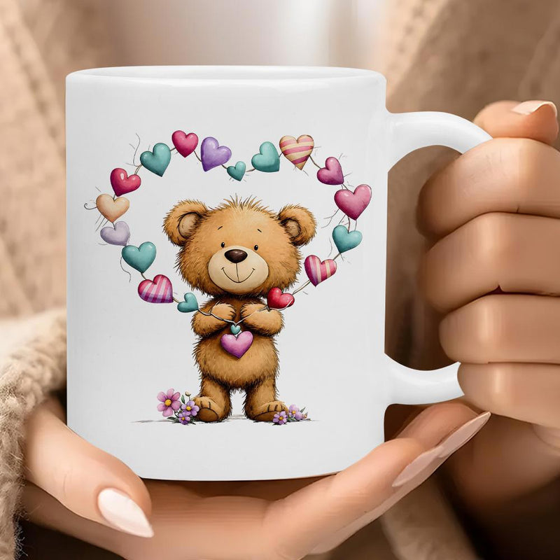 Tailorly White Ceramic 11 oz Mug - Charming Little Brown Bear Holding Pink Heart Within Colorful Pastel Wreath Bear