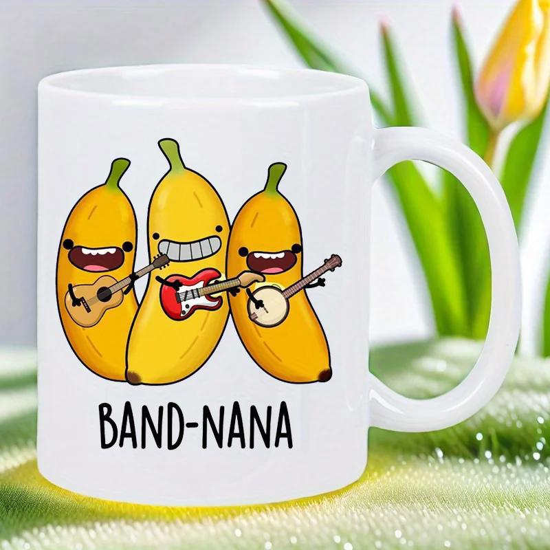 Tailorly White Ceramic 11 oz Mug - Band Nana Three Joyful Cartoon Yellow Fruits Playing Musical Stringed Instruments Together Banana