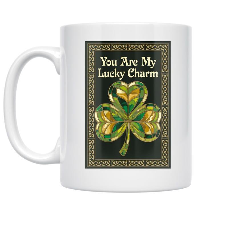 Tailorly White Ceramic 11 oz Mug - You Are My Lucky Charm Shimmering Emerald Jeweled Artwork Within Ornate Golden Celtic Pattern Shamrock