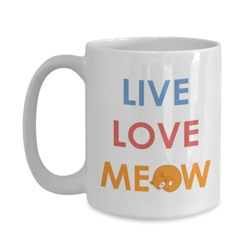 Tailorly White Ceramic 11 oz Mug - Live Love Meow Adorable Orange Sleeping Kitten Resting Peacefully Curled Up Into A Small Cozy Cat